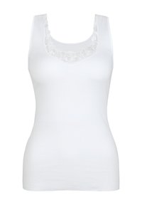 Canottiera bianca realizzata in morbido tessuto, con scollo in pizzo scalloppato e motivi floreali. Design senza maniche e aderente.