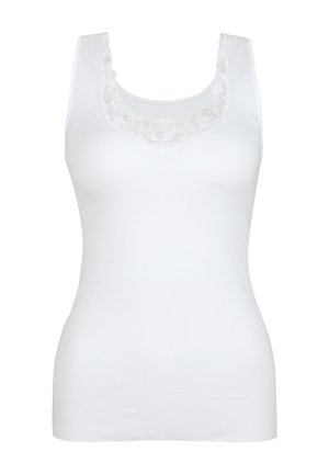 Débardeur blanc en tissu doux, avec un décolleté en dentelle festonnée et des motifs floraux. Conception sans manches et ajustée.