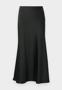 Schwarzer Satin-Midirock mit ausgestelltem Saum, der eine glatte, glänzende Textur und ein klassisches, minimalistisches Design aufweist. Keine sichtbaren Beschläge oder Muster.