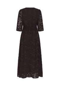 Robe midi noire avec manches trois-quarts, motif en dentelle florale et taille élastique froncée, vue de dos.