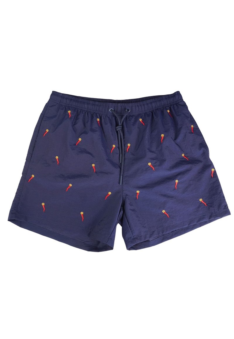 Costumi da bagno da uomo in tessuto blu navy, con vita regolabile tramite cordoncino e ricami di peperoncini rossi sparsi per un tocco in più.