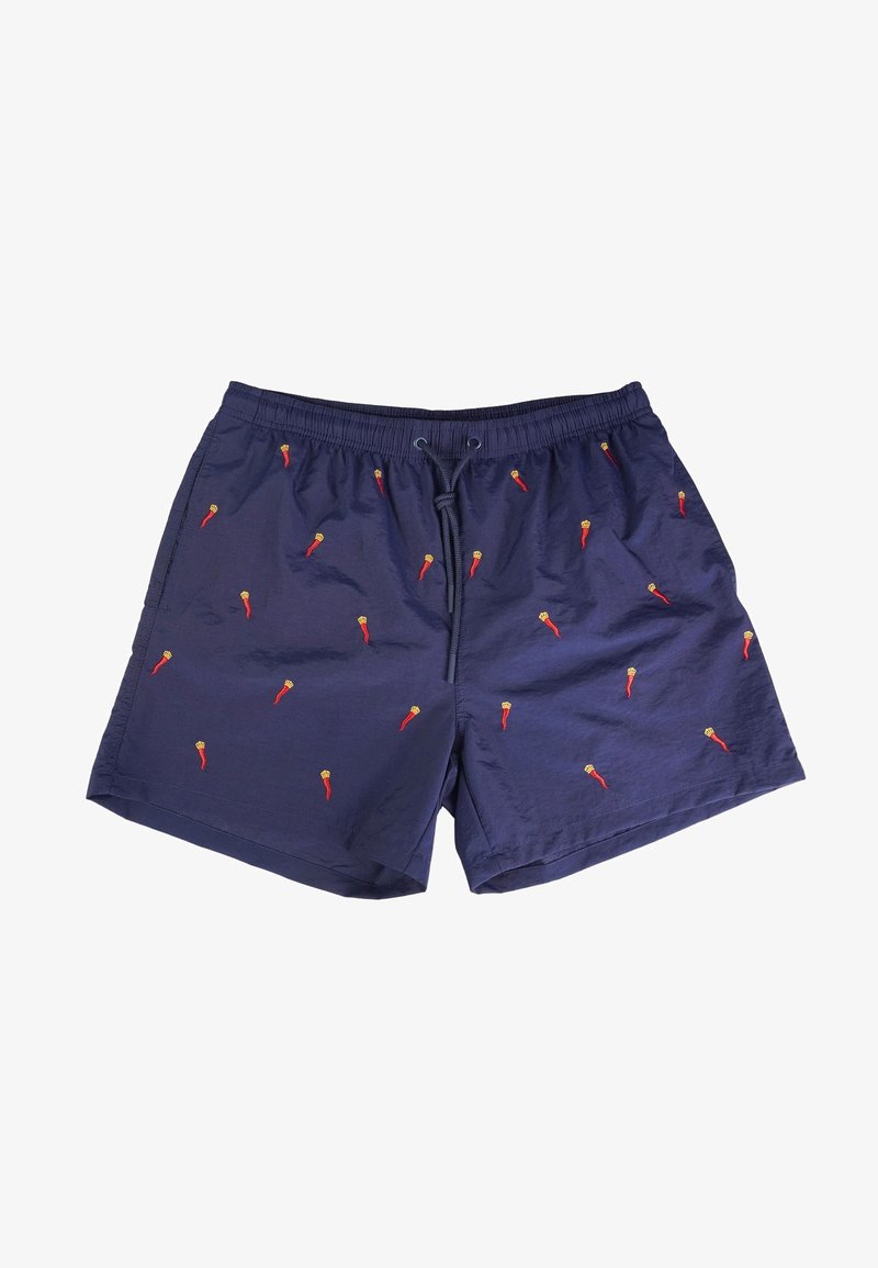 Costumi da bagno da uomo in tessuto blu navy, con vita regolabile tramite cordoncino e ricami di peperoncini rossi sparsi per un tocco in più.