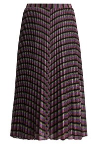 Falda plisada con rayas horizontales en púrpura, negro y acentos metálicos. Presenta una cintura ajustada y una silueta fluida.