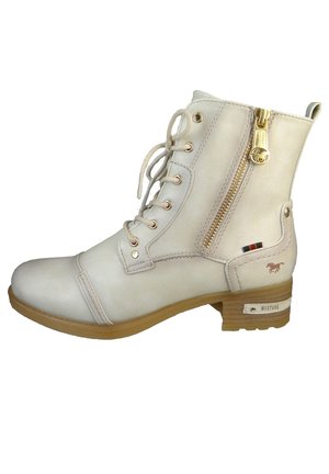 Bottes de cheville en beige avec une finition en cuir lisse. Présentent un laçage sur le devant, une fermeture éclair sur le côté et un talon en bois. Comprennent un logo et des accents décoratifs.