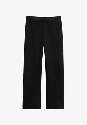Black, straight-leg trousers with elastic waistband and subtle front seam details, displayed on a white background.