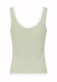 Débardeur côtelé vert clair sans manches avec bordure blanche festonnée le long de l'encolure et de l'ourlet.