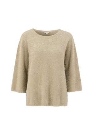 Beige tröja gjord av mjukt, texturerat luddigt tyg. Den har en rund halsringning och trekvartslånga ärmar med en avslappnad passform.