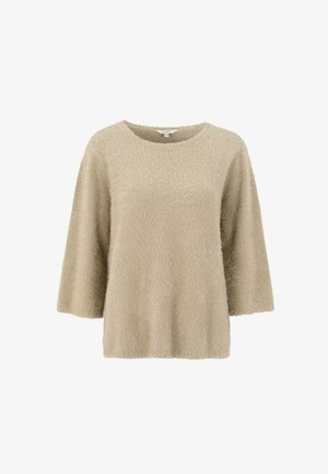 Beige sweater lavet af blødt, tekstureret fuzzy stof. Den har en rund halsudskæring og trekvartærmer med en løs pasform.