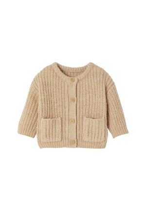 Beige gestrickte Cardigan mit einem strukturierten Muster, Rundhalsausschnitt, Holzknöpfen und zwei Vordertaschen. Kurze Ärmel und boxy Schnitt.