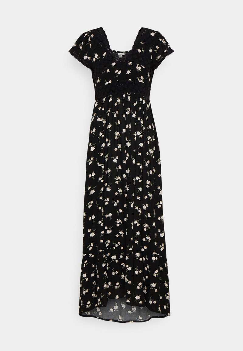 Robe maxi noire à motif floral avec manches courtes bouffantes, détails en dentelle au niveau de l'encolure et de la taille, ornée de petites fleurs blanches et jaune clair.