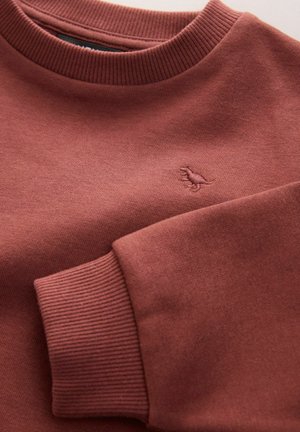 Czerwono-brązowy sweter z ribbowanym dekoltem i mankietami. Dyskretne logo na piersi z miękką, gładką teksturą.