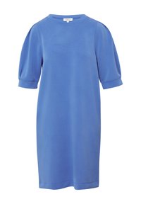 Blaues Kurzarmkleid aus glattem Stoff. Hat einen runden Halsausschnitt und puffige Ärmel, fällt knapp über die Knie und hat einen geraden Schnitt.