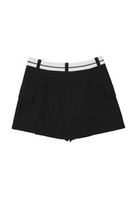 Shorts noirs avec une taille élastique blanche, dotés de deux poches latérales et d'une coupe droite. Texture lisse sans motifs visibles.