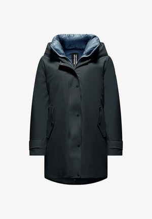 Black waterproof parka with a blue inner lining, featuring a hood, snap buttons, and side pockets. Smooth texture, mid-length design.