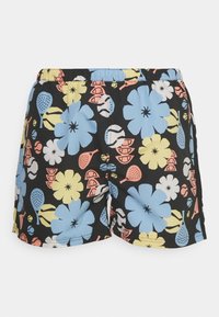 Bañadores negros con un patrón floral en azul, amarillo y rosa, con una cinturilla elástica y una tela ligera.