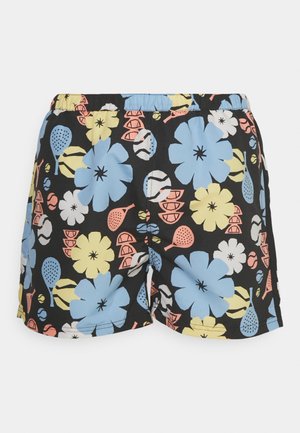Sorte svøm shorts med et blomstermotiv i blå, gul og pink, med en elastisk talje og et let stof.