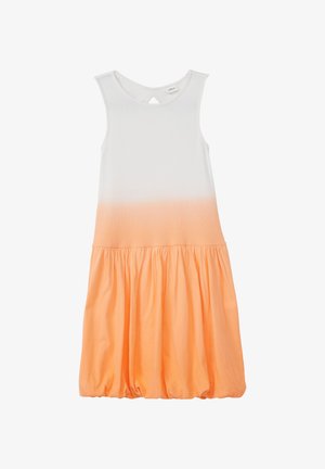 Ärmelloses Kleid mit einem weißen Oberteil, das in einen pfirsich-orangefarbenen, ausgestellten Rock übergeht, gefertigt aus weichem Stoff mit geraffter Textur.