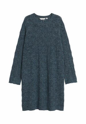 Ciemnoturkusowa dzianinowa sukienka swetrowa z długimi rękawami, okrągłym dekoltem i teksturowanym wzorem na całej powierzchni.