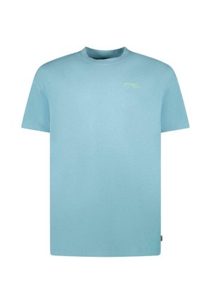 Lichtblauw T-shirt met korte mouwen en ronde hals, met kleine witte tekst op de linkerborst die 'Denim Dept. Easy Jeans' leest.