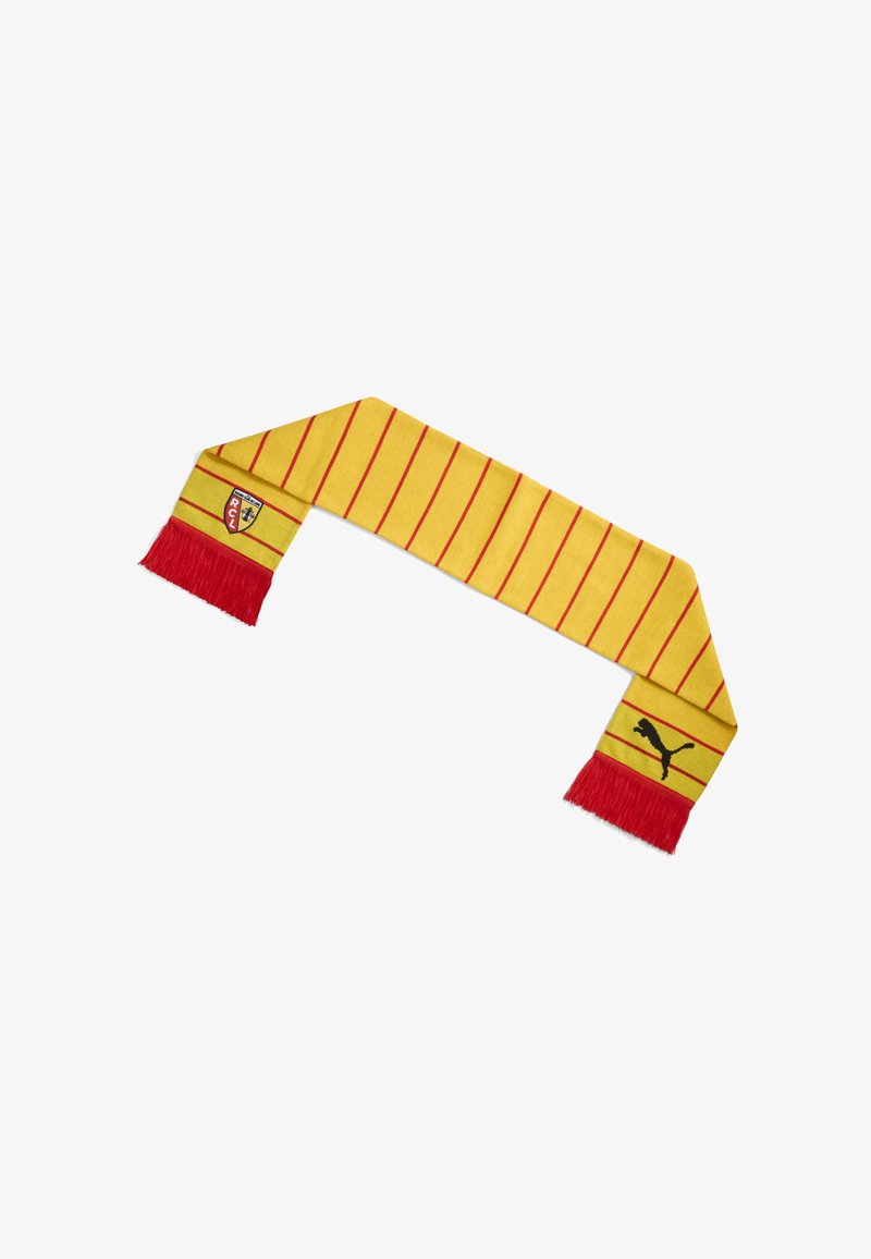 Écharpe jaune avec des rayures rouges diagonales, franges rouges, logo du club de football RC Lens à une extrémité et logo Puma noir à l'autre.