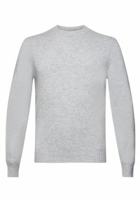 Hellgrauer, strukturierter Strickpullover mit rundem Ausschnitt, langen Ärmeln und gerippten Bündchen und Saum. Schlichtes Design ohne auffällige Muster oder Akzente.