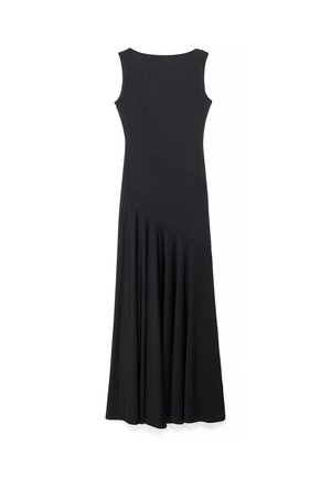 Vestido maxi negro sin mangas con corpiño ajustado, detalles de costuras diagonales y falda fluida que llega hasta el suelo.