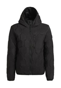 Schwarze Daunenjacke mit Kapuze, mit einem hexagonal gesteppten Muster, Frontreißverschluss und einer kleinen Reißverschlusstasche auf der Brust.