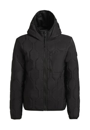 Schwarze Daunenjacke mit Kapuze, mit einem hexagonal gesteppten Muster, Frontreißverschluss und einer kleinen Reißverschlusstasche auf der Brust.