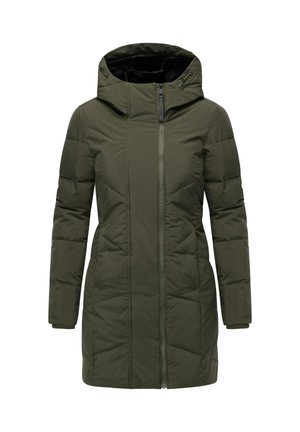 Manteau rembourré vert olive avec fermeture éclair à l'avant, capuche et poches latérales. Présente un design matelassé et des poignets côtelés pour plus de chaleur.