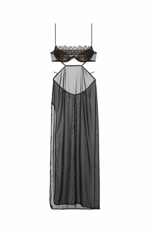 Black sheer lingerie set with a lace trim bra and a flowing, translucent skirt. Features thin straps and open cutouts on the sides.