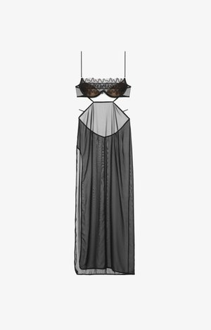 Un ensemble de lingerie noire transparente avec un soutien-gorge à dentelle et une jupe fluide et translucide. Il présente de fines bretelles et des découpes ouvertes sur les côtés.