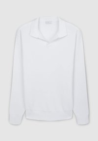 Langärmliges weißes Poloshirt aus glattem Stoff, mit umklappbarem Kragen, gerippten Bündchen und geradem Saum. Einfaches Design, keine Muster.