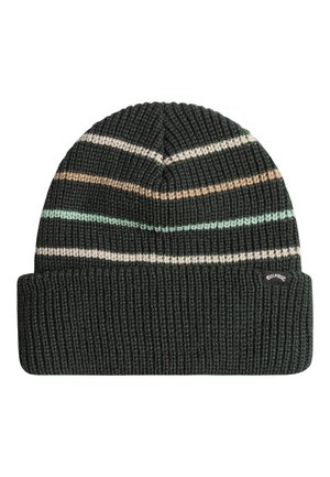 Dunkelgrüne Strickmütze mit horizontalen Streifen in Creme, Hellblau und Beige. Sie verfügt über einen umgeschlagenen Bund und ein kleines Logo-Etikett.