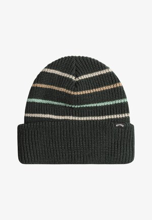 Gebreide beanie in donkergroen met horizontale strepen in crème, lichtblauw en beige. Beschikt over een omgeslagen boord en een klein logotag.