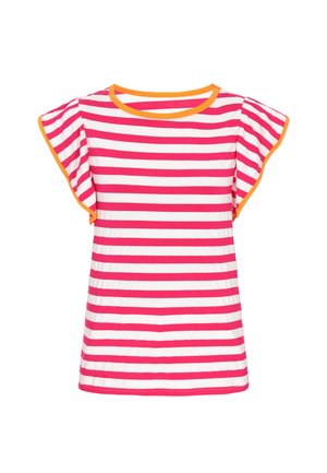 Cămașă cu mâneci scurte, cu dungi orizontale roz și albe, mâneci evazate și finisaj portocaliu la decolteu și marginile mânecilor.