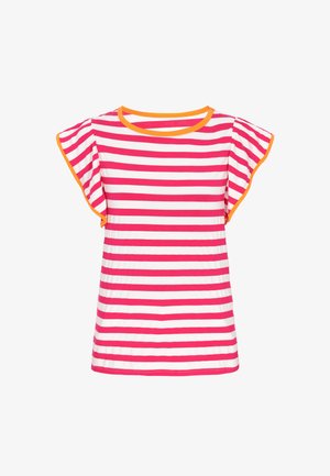 Cămașă cu mâneci scurte, cu dungi orizontale roz și albe, mâneci evazate și finisaj portocaliu la decolteu și marginile mânecilor.