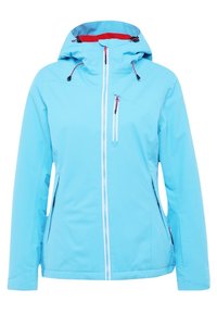 Veste à capuche bleu clair avec fermeture éclair frontale, fermeture éclair de la poche poitrine, poches latérales et doublure intérieure rouge de la capuche.