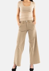 Pantalones de pierna ancha en beige con diseño de cinco bolsillos, cierre frontal de botón y ligera suavidad en la tela, combinados con una blusa fitted en beige.