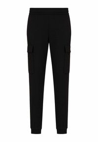 Schwarze Cargo-Hosen mit elastischem Bund, zwei Seitentaschen und schmal zulaufenden Knöcheln. Hergestellt aus weichem Stoff mit glatter Textur.