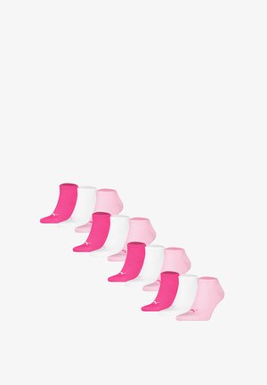 Pack of socks in pink and white hues, featuring a ribbed cuff, smooth texture, and logo detail. Includes varying shades of pink.