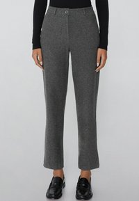 Grijze wollen broek met een rechte snit, voorzien van een voorste knoopsluiting en zijzakken, gestyled met zwarte instappers.