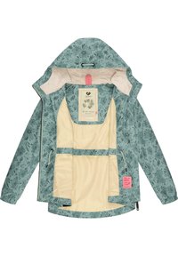 Ljus teal regnjacka med blommönster, beige inredning, dragkedja fram och justerbar huva. Har fickor och en märkesetikett inuti.