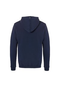Marineblauwe hoodie met een trekkoordkap, lange mouwen, ribgebreide manchetten en zoom, en een gladde stoftextuur.