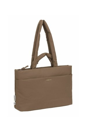 Sac fourre-tout rectangulaire marron avec poignées rembourrées, fermeture zippée sur le dessus et petit logo doré « Lässig » sur la poche avant.