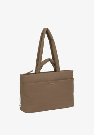 Sac fourre-tout rectangulaire marron avec poignées rembourrées, fermeture zippée sur le dessus et petit logo doré « Lässig » sur la poche avant.