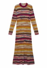 Langes, gestricktes Kleid aus weicher Wolle mit horizontalen Streifen in Gelb, Braun, Pink und Blau, mit rundem Ausschnitt und langen Ärmeln.