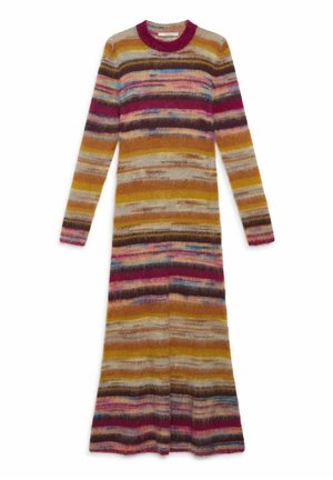 Abito lungo lavorato a maglia in filato morbido con righe orizzontali nei colori giallo, marrone, rosa e blu, con scollo rotondo e maniche lunghe.