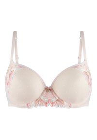 Lichtroze beha met florale kanten accenten, stippenstructuur, gepadde cups, verstelbare bandjes en een klein decoratief sieraad.
