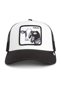 Trucker cap with a white front, black brim, and mesh back. Features an embroidered cow design with the text "CASH." Color contrast noted.