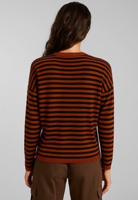 Maglione a righe in ruggine e nero, con scollo rotondo e maniche lunghe. Presenta un orlo e polsini a coste, realizzato in un morbido materiale lavorato a maglia.